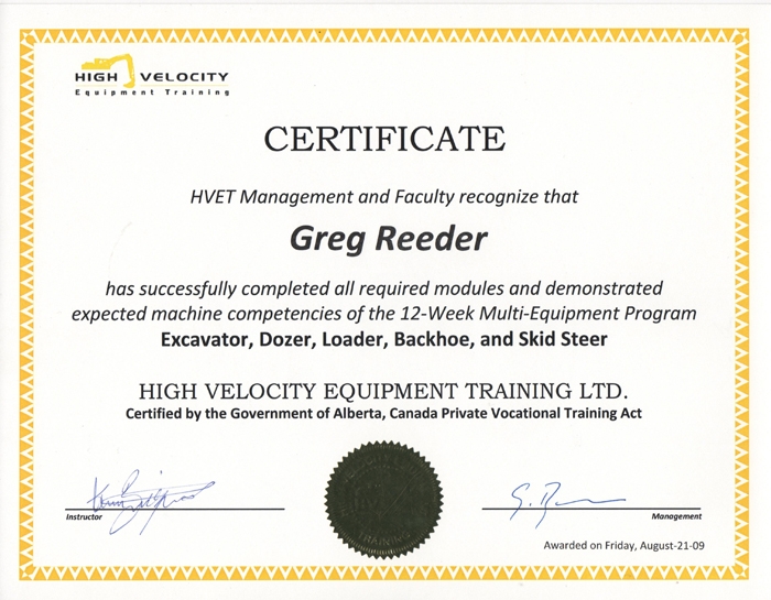 Heavy Equipment Operators Certificate